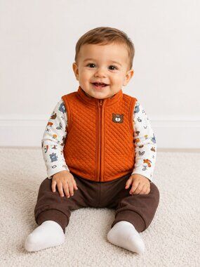 NWT Baby Essentials Baby Boy 3-Piece Outfit Set Size 9 Months Orange Vest